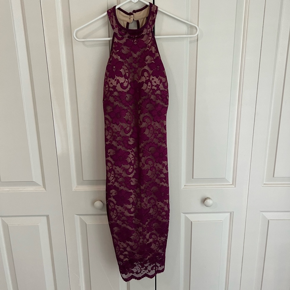 Emerald Sunday: Mock Neck Purple Floral Lace Dress
